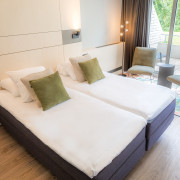 Classic Twin Room van het spa hotel in Limburg met bed, zitplek en privé terras.