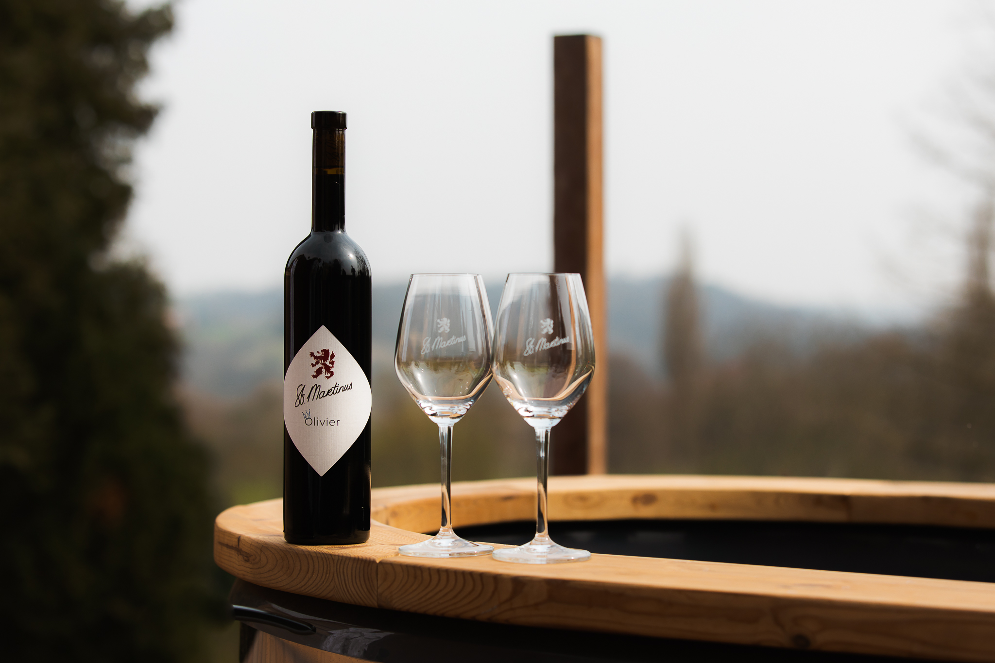 Fles rode wijn met twee wijnglazen op de rand van het wijnbad met uitzicht over de heuvels. 